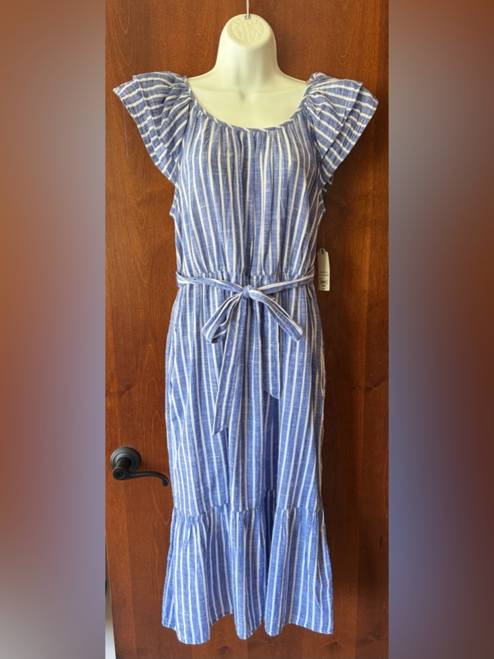 New Blue & White Striped Midi Dress with Tie Waist